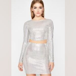Silver Sequin Bodycon Mini Skirt And Long Sleeve Top 2 Piece Set